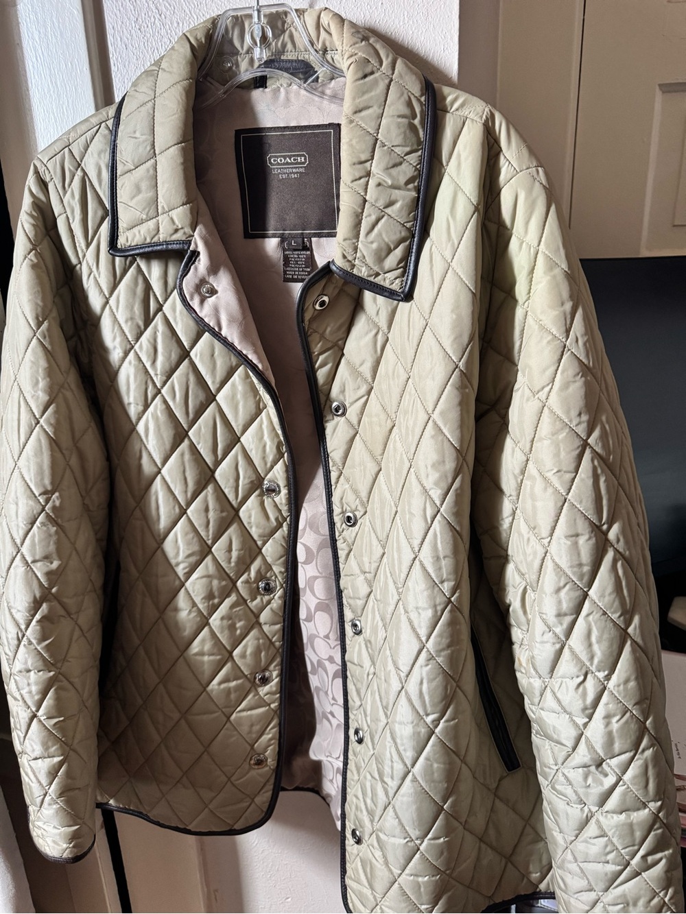 Vintage Coach Unisex Quilted Light Beige Jacket with Dark Trim